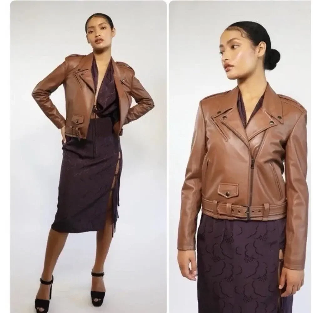 Rebecca Minkoff Women’s Brown Jeff Moto Vegan Leather Jacket Medium